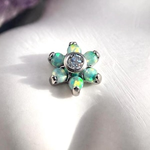 White Opal Flower Stud • Cubic Zirconia Titanium 16G Earring • Conch, Helix, Flat, Tragus, Lobe etc