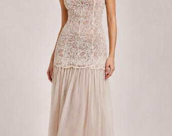 Paisley Netzkleid bestickt - Vintage, elegantes, schieres Partyhochzeitskleid
