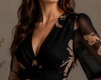 Geblümtes Midikleid, Schwarzes geblümtes Kleid, Chiffonkleid mit langen Ärmeln, A-Linien-Kleid mit V-Ausschnitt, Romantisches Kleid für Hochzeitsgäste, Herbstkleid