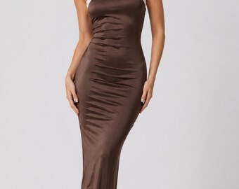 Satin Slip Midikleid - Damen-Spitzenbesatz, rückenfreies, elegantes Partykleid
