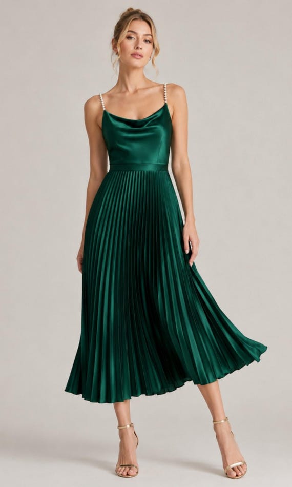 green dress with pearl straps French Strap Satin – Elegant A-line Wedding Guest Evening Gown green hoco dress