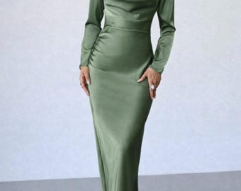 Olivgrünes Pailletten-Satinkleid - Elegantes, langärmeliges, figurbetontes Damenkleid