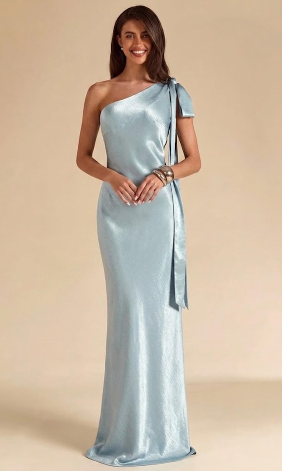 Buy Ice Blue Satin Bridesmaid Dress – Asymmetric Neck Elegant Wedding Guest Gown Online in India