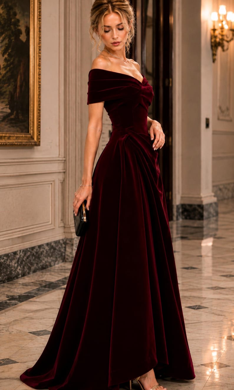 Puede incluir: Un vestido largo hasta el suelo de terciopelo color burdeos intenso con escote de hombros descubiertos. El dise&ntilde;o presenta un corpi&ntilde;o ajustado con fruncidos sutiles en la cintura y una falda amplia y fluida que llega al suelo. Se sostiene un peque&ntilde;o bolso de mano negro.