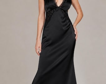 Schwarzes Satin-Spitzen-Maxikleid - Ärmelloses Elegantes Nachtkleid mit tiefem V