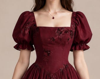 Vintage Cottagecore Midikleid für romantische Dates und Gartenpartys – Elegantes burgunderrotes Prinzessinnenkleid für Halloween und Cosplay-Events