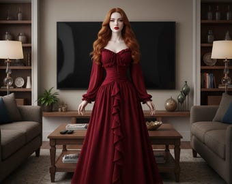 Burgunder Chiffon Renaissance Kleid, Rüschen Korsett Kleid