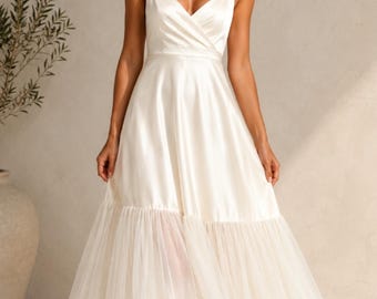 Apricot Pearl Strap Tüllkleid - Damen Elegantes Maxi-Partykleid mit V-Ausschnitt