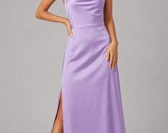 Lilafarbenes Neckholder-Maxikleid – Elegantes Hochzeitskleid in A-Linie mit Schlitz