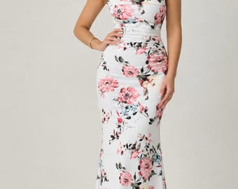 Floral gefaltetes Kleid mit quadratischem Ausschnitt - Ärmelloses elegantes Midikleid für Damen