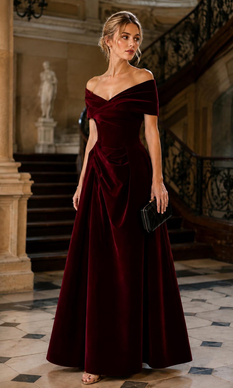 Puede incluir: Un vestido largo de terciopelo en color rojo burdeos con hombros descubiertos. El dise&ntilde;o presenta un escote cruzado, un corpi&ntilde;o ajustado con un sutil drapeado lateral y una falda larga. Se sostiene un peque&ntilde;o bolso de mano negro rectangular.