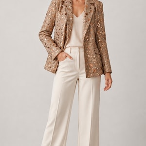 Könnte beinhalten: Ein beigefarbener Blazer mit durchgehendem metallisch goldenem Paillettenmuster, fallendem Revers und Pattentaschen, kombiniert mit einem cremefarbenen V-Ausschnitt-Top, einer cremefarbenen weiten Hose mit hoher Taille und beigen Pumps.