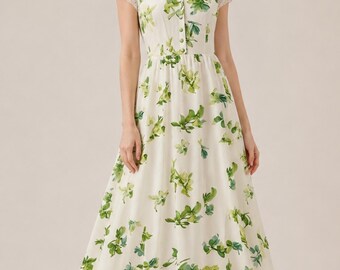 Vintage grün bedrucktes Maxikleid - Damen süßes V-Ausschnitt Urlaubs Sommerkleid