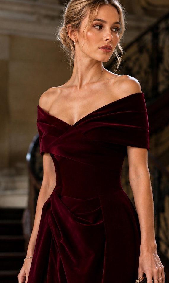 Burgundy Velvet Maxi Dress, Off Shoulder Corset Back Gown, A Line Evening Dress, Wedding Guest Prom Ball Formal Party Dress Women