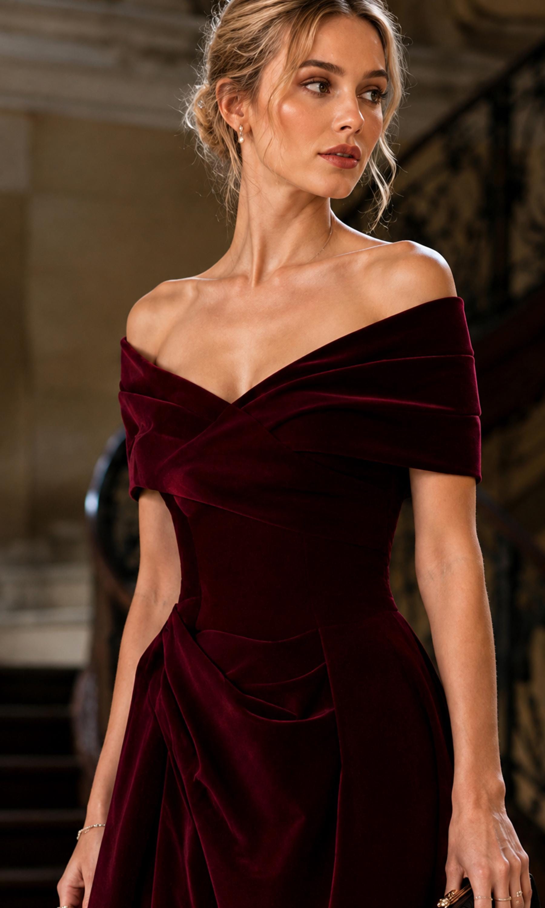 women's born famous off-the-shoulder velvet holiday dress Red off Shoulder Type_Wood