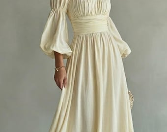Apricot Chiffon Maxikleid - Puffärmel Sweetheart Ausschnitt Elegantes Kleid mit Offenem Rücken