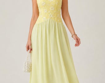 Gelbes Neckholder-Chiffon-Maxikleid - Elegantes ärmelloses Hochzeitsgastkleid in A-Linie