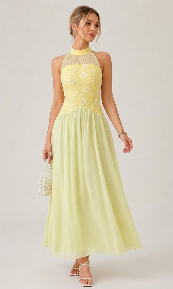 Yellow Halter Neck Chiffon Maxi Dress
