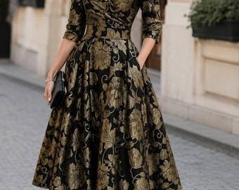 Damen Gold Floral Jacquard Midi Kleid, elegantes Revers A-Line Taille Kleid