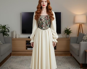 Schnüren Sie Blumenjacquard-Renaissance-Kleid, Boho Midikleid
