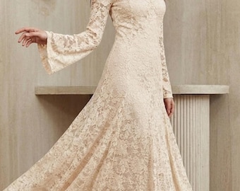 Elegantes Maxikleid aus Spitze - Damen-Langarm-Slim-Fit-Formales Frühlings- und Sommerkleid