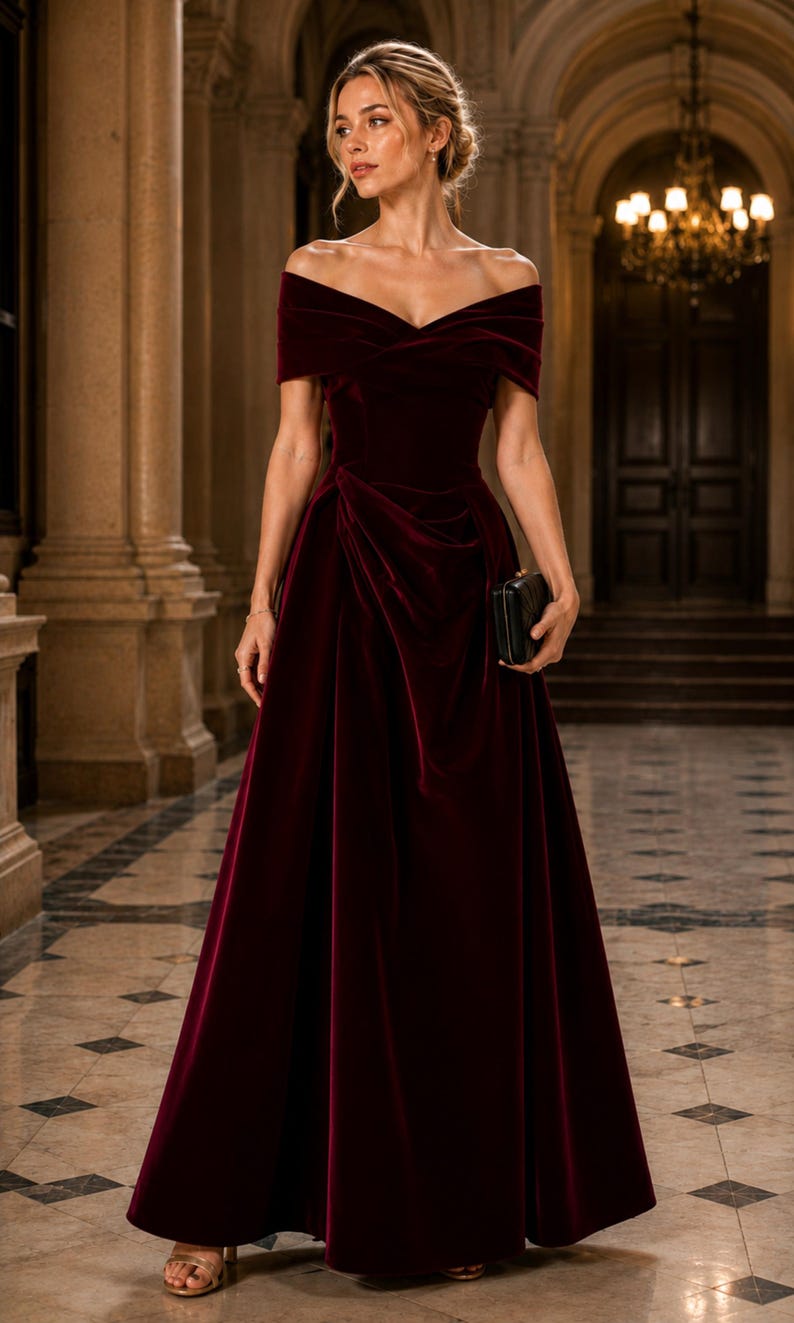 Puede incluir: Un vestido largo de terciopelo en color burdeos intenso con hombros descubiertos. El dise&ntilde;o presenta un escote cruzado, un corpi&ntilde;o ajustado y una falda drapeada con pliegues que llega hasta el suelo. Se sostiene un peque&ntilde;o bolso de mano negro.