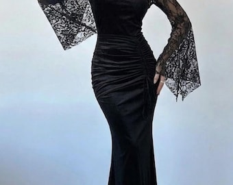 Gothic Velvet Mermaid Dress – Batwing Sleeve Lace Halloween Elegant Black Gown