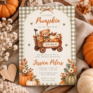 Little Pumpkin Baby Shower Invitation Template, Fall Baby Shower Invite, Editable Canva 5x7 Invitation, Autumn Pumpkin Baby Shower