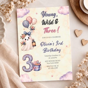 Editable Halloween 3rd Birthday Invitation, 5 x 7 Canva Template with Ghost Design