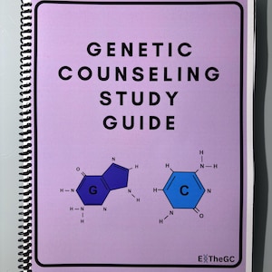 May include: A spiral-bound study guide with a lavender cover. The cover features the title "GENETIC COUNSELING STUDY GUIDE" in bold black letters. Molecular diagrams of G and C are shown. The bottom right corner has the text "E TheGC".