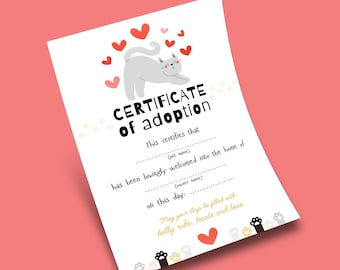 Cat Certificate of Adoption Printable | Editable Pet Keepsake | Kitten Adoption Gift | Instant Download PDF