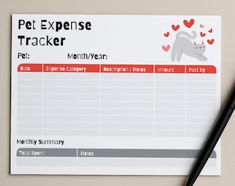 May include: A white pet expense tracker with the title "Pet Expense Tracker" in black font. The tracker includes sections for date, expense category, description, amount, and payment method. A gray cat illustration with hearts is in the upper right corner. A black pen is in the lower right corner.
