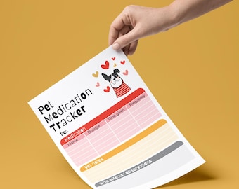 Puede incluir: Un rastreador de medicamentos para mascotas blanco con una ilustración de perro de dibujos animados y acentos rojos, naranjas y grises. El rastreador incluye secciones para el nombre del medicamento, la dosis, la hora de administración, la frecuencia, las notas del veterinario y los efectos secundarios/observaciones.