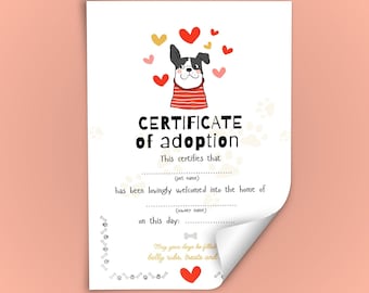Certificado de adopción de perro imprimible / Recuerdo editable para mascotas / Regalo de adopción de cachorro / Descarga instantánea en PDF