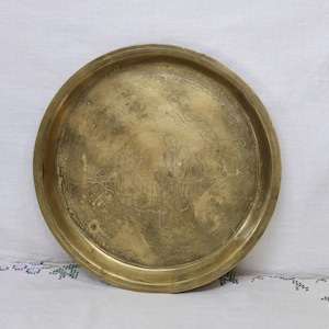Vintage Brass Round Tray | 12&quot; Etched Brass Wall or Table Decor | Aged Patina | Boho, Asian-Inspired, Hollywood Regency Style