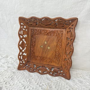 Vintage Hand Carved Wooden Tray | Square Boho Decorative Tray | Floral Inlay Trinket Dish | Rustic Wood Catchall Bowl | Bohemian Home Decor