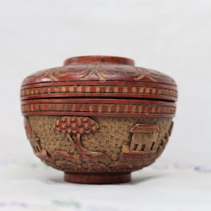 Vintage Carved Wooden Trinket Box | Asian Scene Decorative Container | Small Lidded Box Rustic Folk Art Decor