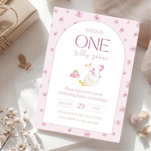 Silly Goose 1st Birthday Invitation: Pink Floral Girl Party (Canva Template Digital Download