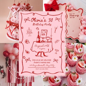 Invitación editable para 30 cumpleaños, fiesta de cumpleaños con lazo rosa y rojo, invitación para cumplir treinta, plantilla de Canva para cumpleaños, invitación elegante para fiesta de cumpleaños