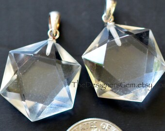 Natural Rock Crystal Pendant with Sterling Silver Bail 29 x 25mm, Hexagonal Crystal Pendant