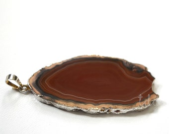 Red Brown Agate Slice Pendant Dipped in Sterling Silver, 55x27mm, Sterling Silver Agate Pendant