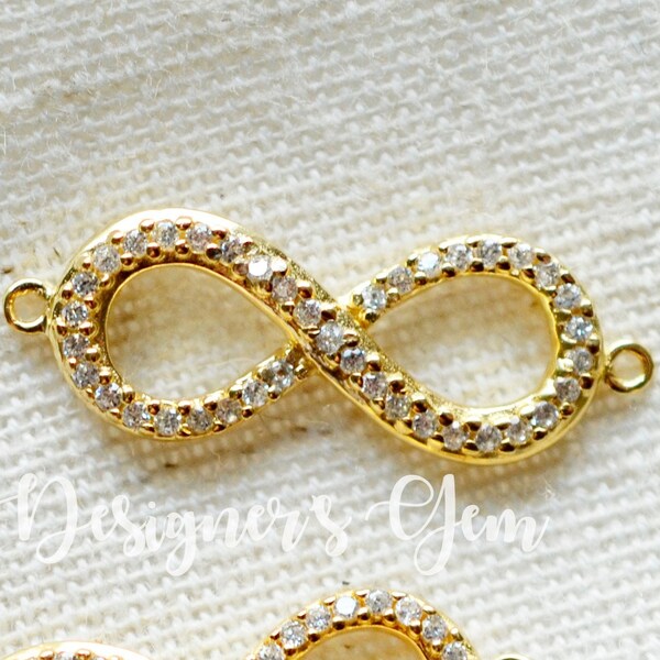 Gold Infinity Charm - 24kt Gold Vermeil - Inlaid with Cubic Zirconia - 24x8mm - Gold CZ Infinity Charm - Infinity Pendant Connector