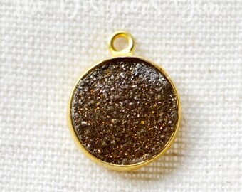 Olive Druzy Quartz Pendant - 24kt Gold Vermeil - 17x13mm - Small Druzy Circle Pendant - Crystal Pendant