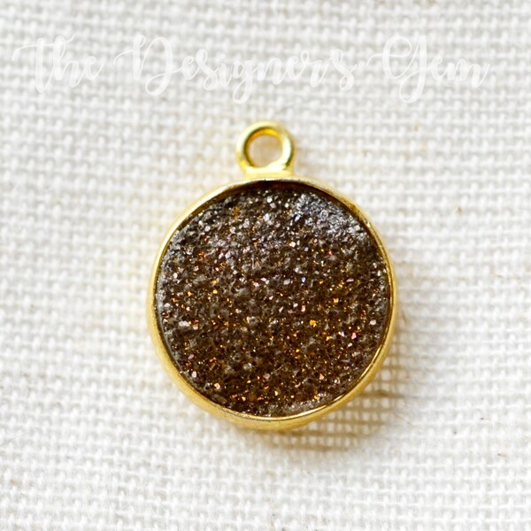 Olive Druzy Quartz Pendant - 24kt Gold Vermeil - 17x13mm - Small Druzy Circle Pendant - Crystal Pendant