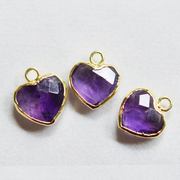 Small Amethyst Heart Pendant - Faceted Heart - 24k Gold Electroplated - 10mm - Natural Amethyst - ONE Pendant