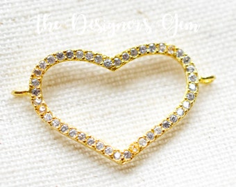 Gold Heart Charm with Cubic Zirconia - 24kt Gold Vermeil - 30 x 17mm - Gold Heart Pendant - Large CZ Heart Connector