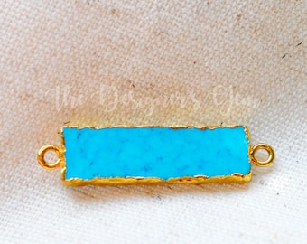 Turquoise Howlite Pendant - 24kt Gold Electroplate - 34x8mm - Horizontal Stone Bar - Blue, Aqua Gemstone Bar