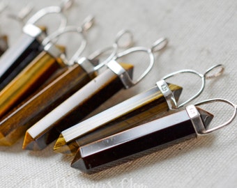 Tiger Eye Pendant - Sterling Silver Bezel - Point Pendant - Tigers Eye Healing Crystal - Double Terminated