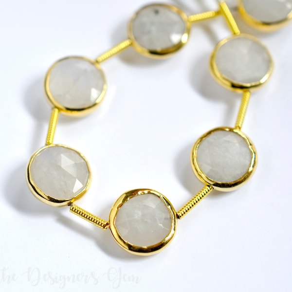 Small Rainbow Moonstone Rimmed Beads - 18kt Gold Vermeil Bezel - Moonstone Beads - Faceted Coin - Average 10 to 11mm - One Bead