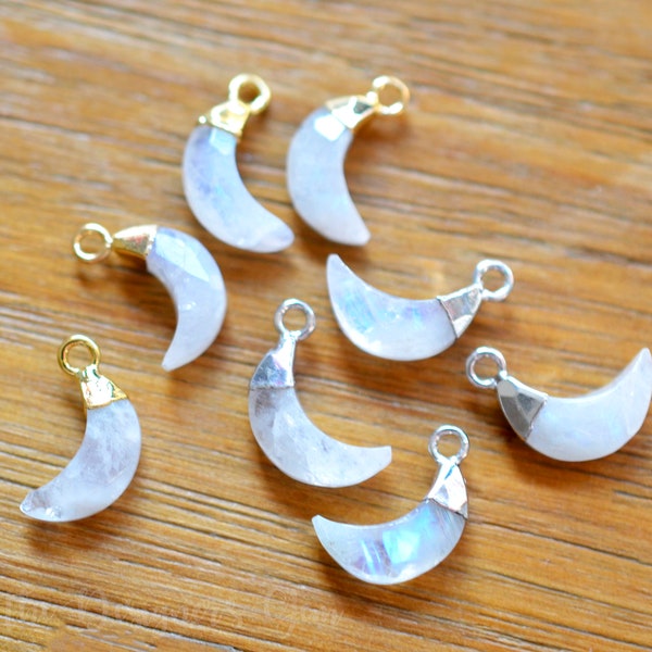 SMALL Rainbow Moonstone Moon Pendant, Faceted Crescent, 24k Gold /Sterling Silver Electroplate - 13x4mm includes loop - Natural -ONE Pendant